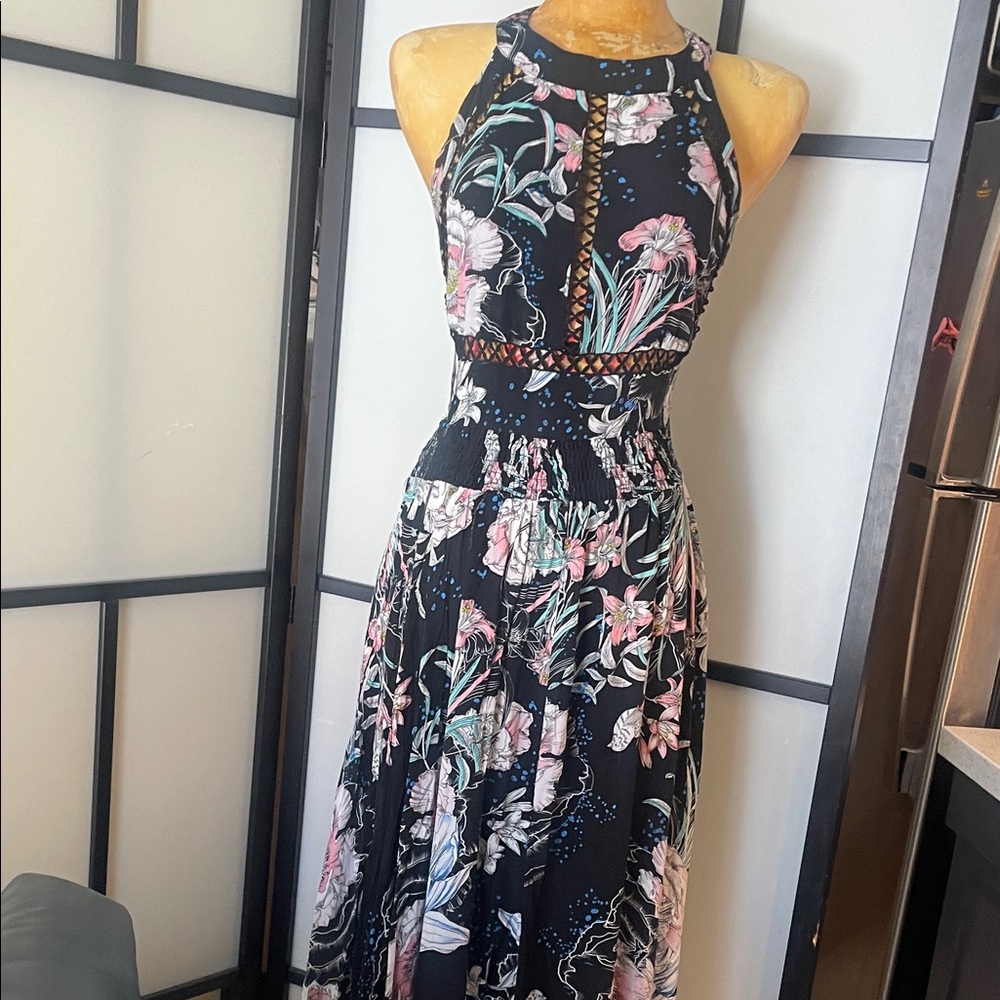 Jaase Black Halter Maxi Dress with Pink and Green Floral Print